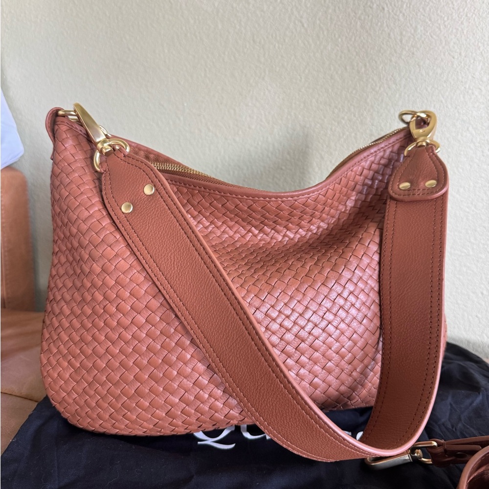 Quince Italian Woven Leather Shoulder Bag cognac
